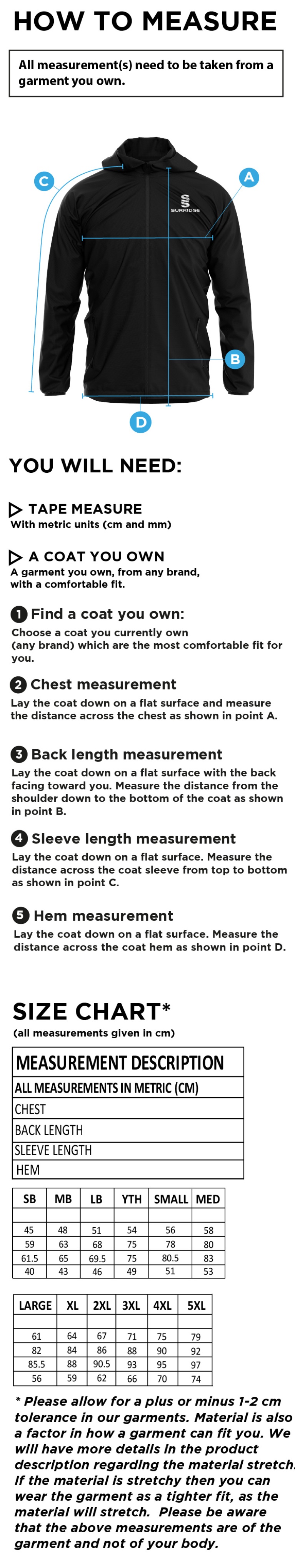 Rossendale FC - MTO - Rain Jacket - Size Guide