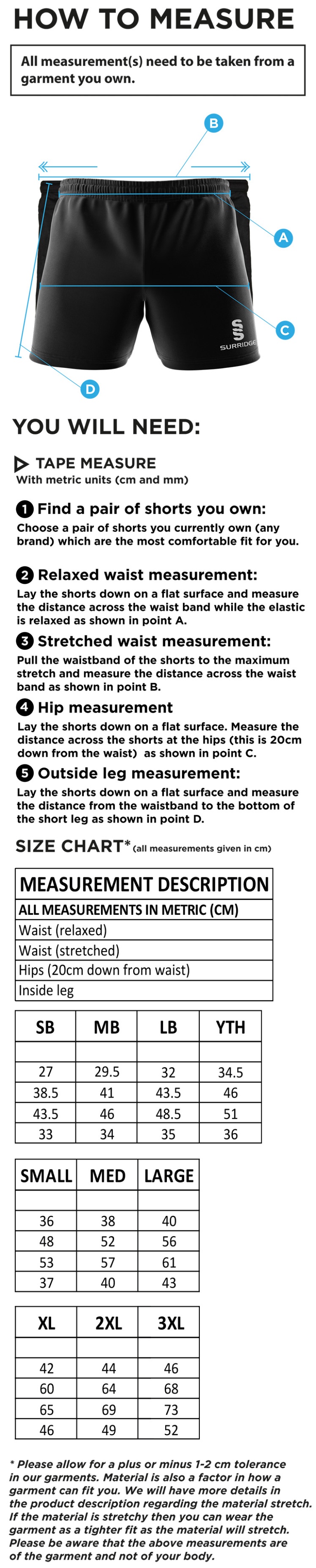 Rossendale FC - Managers Shorts - Size Guide