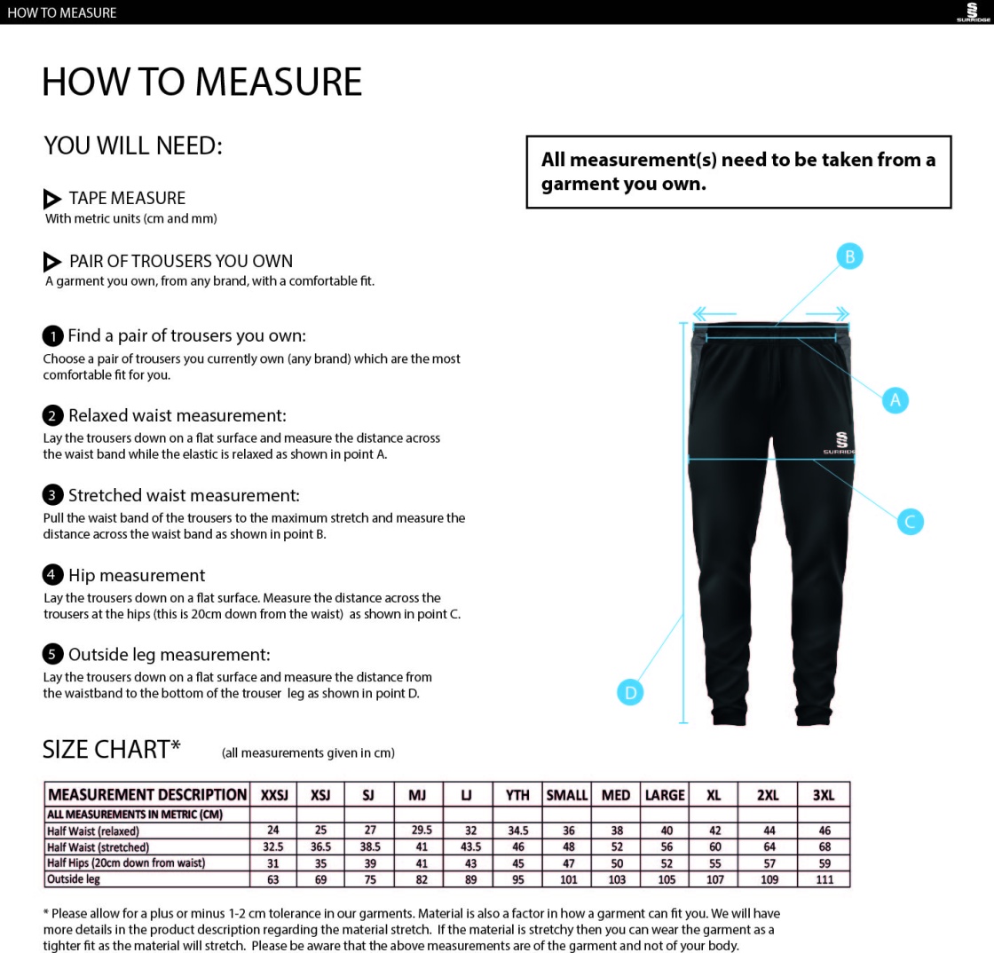 Rossendale FC - MTO - Track Pant - Size Guide