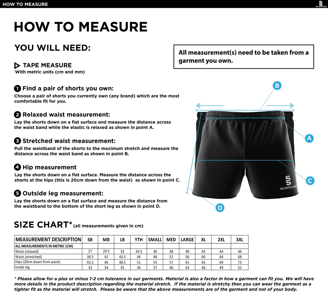 Rossendale FC - Managers Shorts - Size Guide