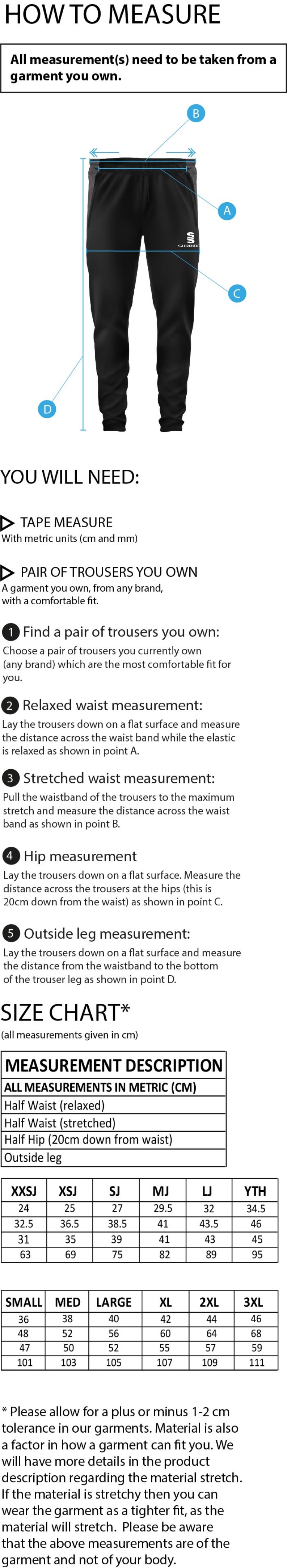 Rossendale FC - MTO - Track Pant - Size Guide