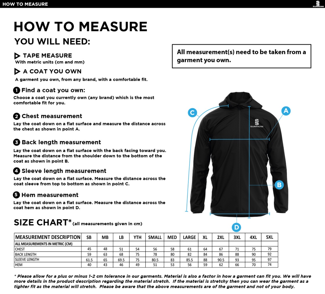 Rossendale FC - MTO - Rain Jacket - Size Guide