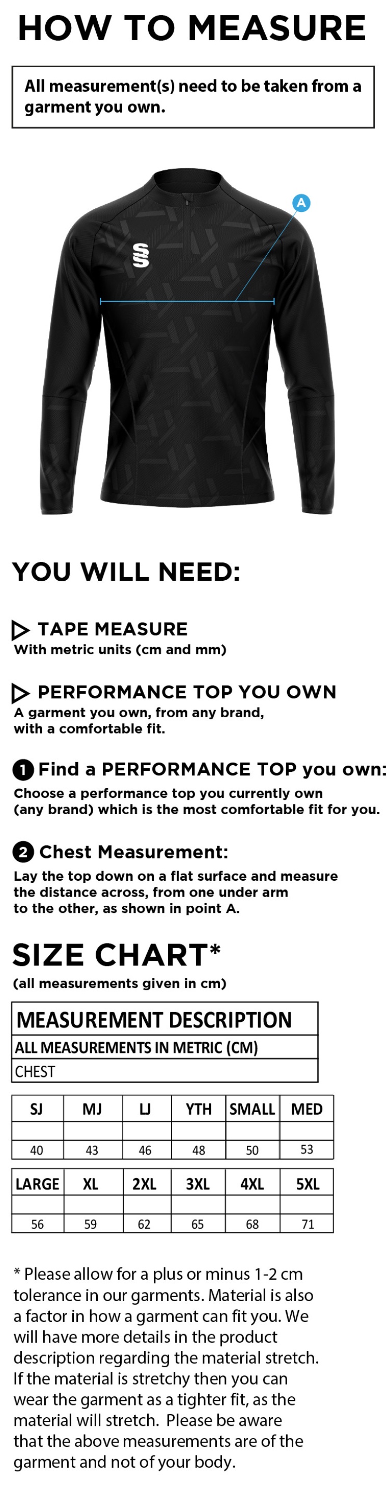 Rossendale FC - MTO - Performance Top - Size Guide