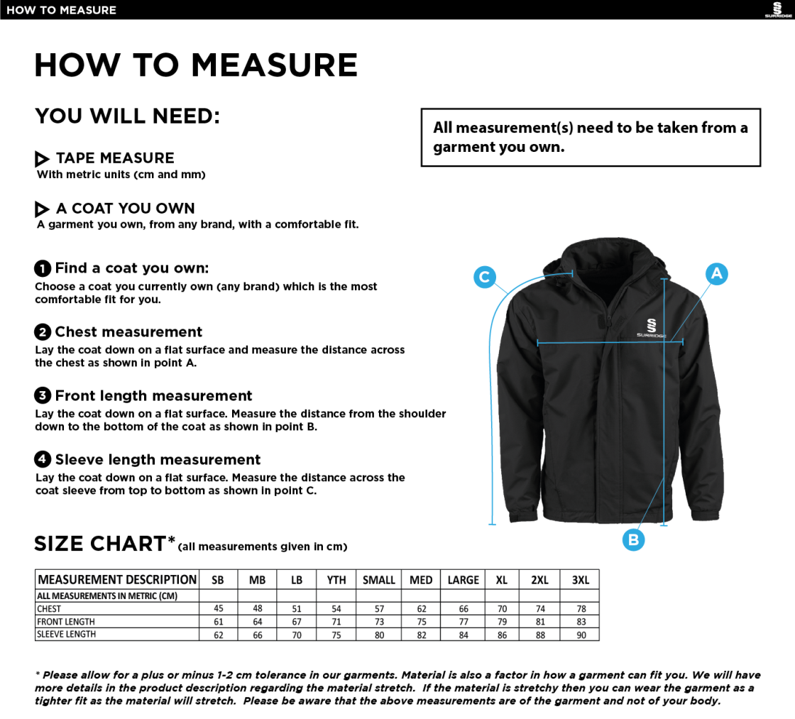 Rossendale FC - Dual Fleece Lined Jacket - Size Guide