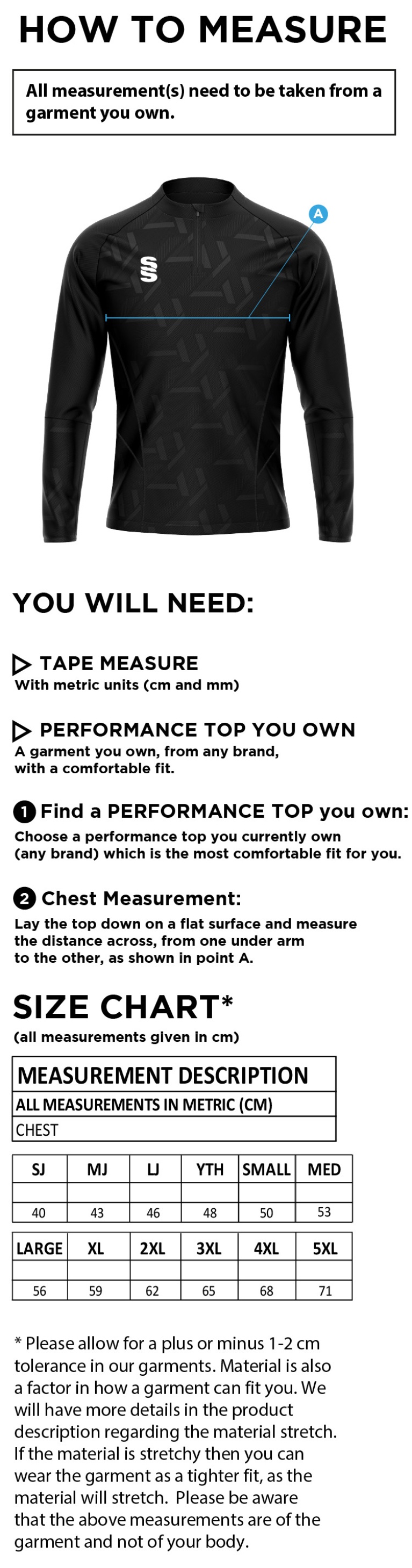 Rossendale FC - MTO - Performance Top - Size Guide