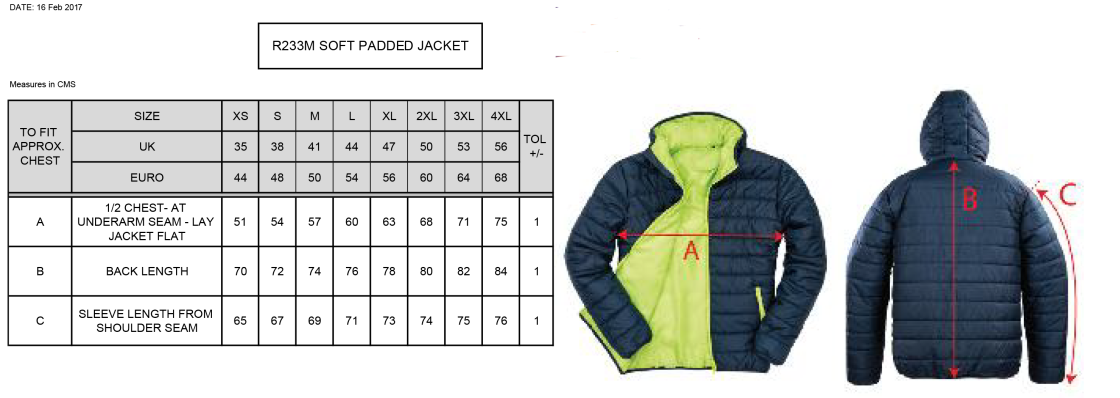 Rossendale FC - Supersoft Padded Jacket - Size Guide