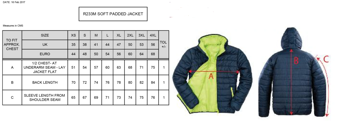 Rossendale FC - Supersoft Padded Jacket - Size Guide