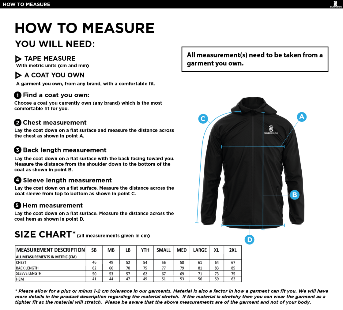 Rossendale FC - Dual Full Zip Training Jacket - Size Guide